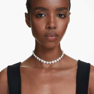 Ariana Grande x Swarovski choker Mixed cuts, Crystal pearl, Heart, White, Rhodium plated