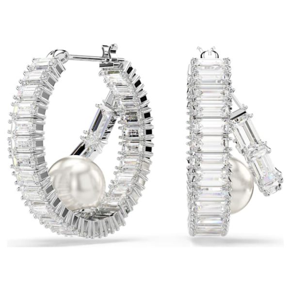 Ariana Grande x Swarovski hoop earrings Crystal pearl, Baguette cut, White, Rhodium plated - Image 2