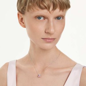 Bella V pendant Round cut, Pink, Rhodium plated