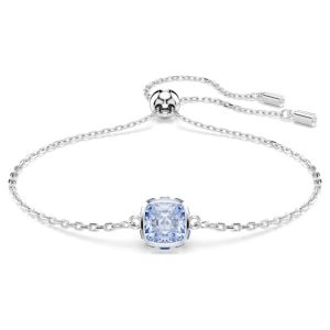 Birthstone bracelet Square cut, March, Blue, Rhodium plated