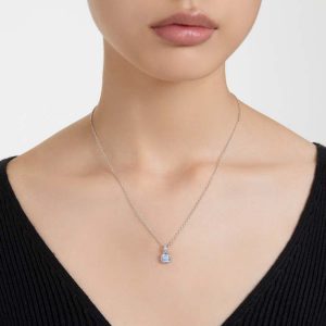 Birthstone pendant Square cut, March, Blue, Rhodium plated