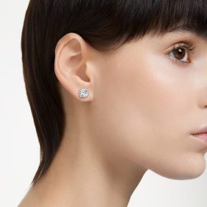 Birthstone stud earrings Square cut, April, White, Rhodium plated