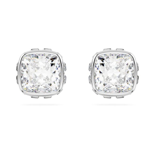 Birthstone stud earrings Square cut, April, White, Rhodium plated - Image 2