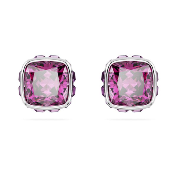 Birthstone stud earrings Square cut, February, Purple, Rhodium plated - Image 2