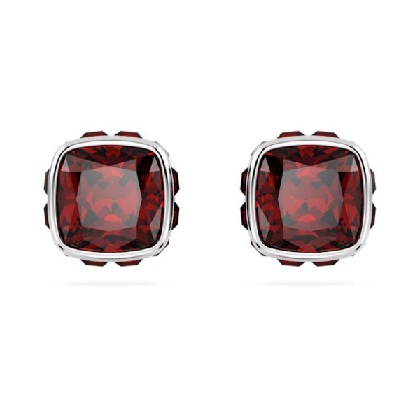 Birthstone stud earrings Square cut, January, Red, Rhodium plated - Image 2
