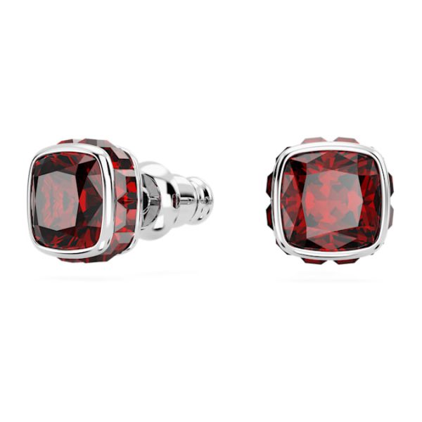 Birthstone stud earrings Square cut, January, Red, Rhodium plated - Image 3
