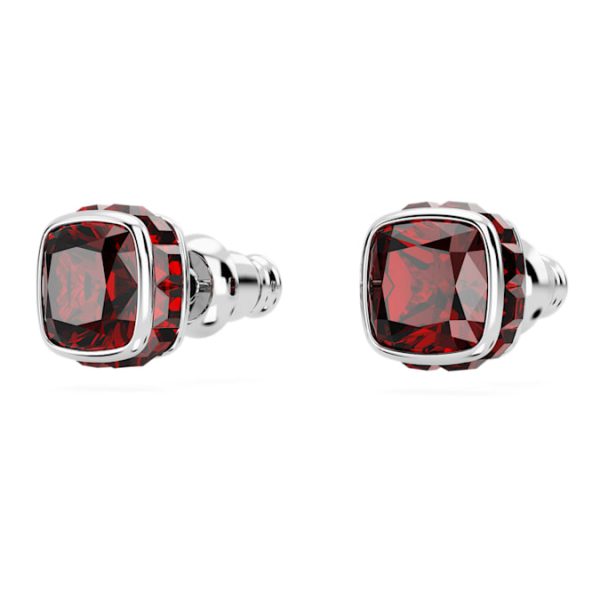 Birthstone stud earrings Square cut, January, Red, Rhodium plated - Image 4