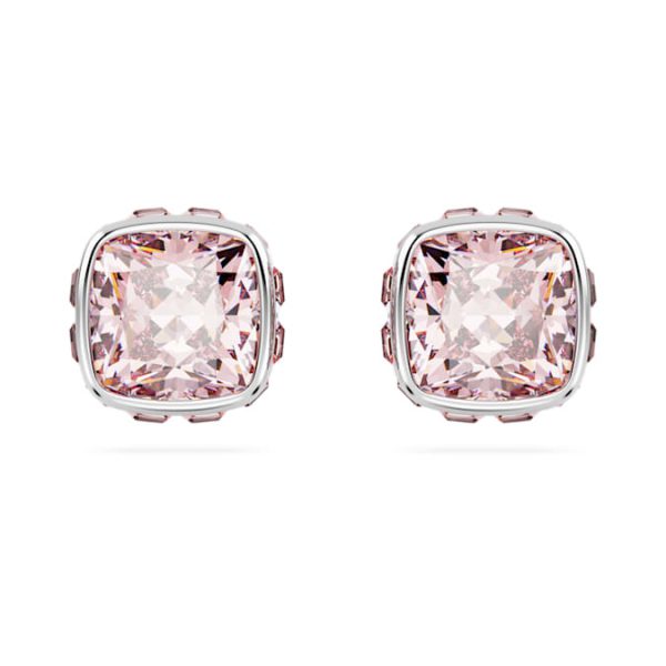 Birthstone stud earrings Square cut, June, Pink, Rhodium plated - Image 2