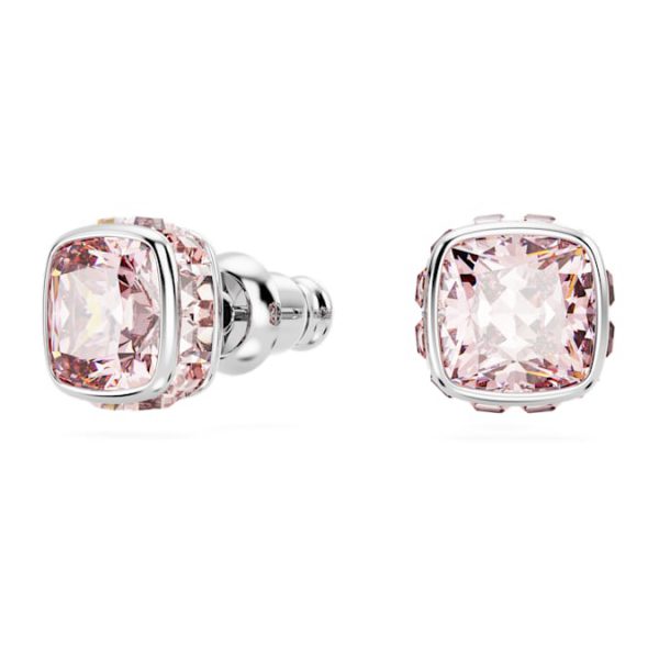 Birthstone stud earrings Square cut, June, Pink, Rhodium plated - Image 3