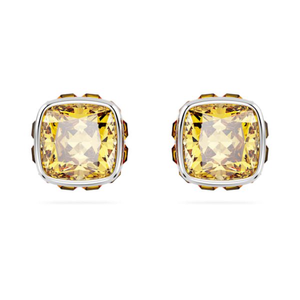 Birthstone stud earrings Square cut, November, Yellow, Rhodium plated - Image 2