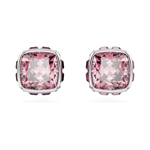 Birthstone stud earrings Square cut, October, Pink, Rhodium plated - Image 2