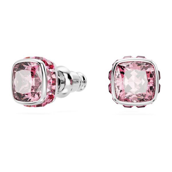 Birthstone stud earrings Square cut, October, Pink, Rhodium plated - Image 3
