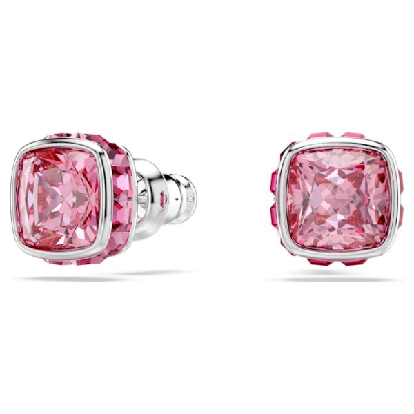 Birthstone stud earrings Square cut, October, Pink, Rhodium plated - Image 6