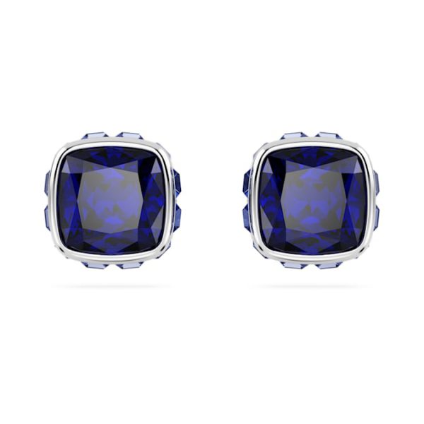 Birthstone stud earrings Square cut, September, Blue, Rhodium plated - Image 2