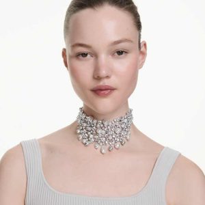 Constella choker Crystal pearl, Round cut, White, Rhodium plated