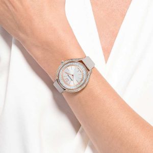 Crystalline aura watch Swiss Made, Leather strap, Gray, Rose gold-tone finish