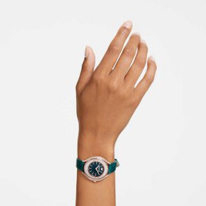 Crystalline aura watch Swiss Made, Leather strap, Green, Rose gold-tone finish