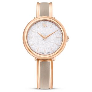 Crystalline bangle watch Swiss Made, Metal bracelet, Beige, Rose gold-tone finish