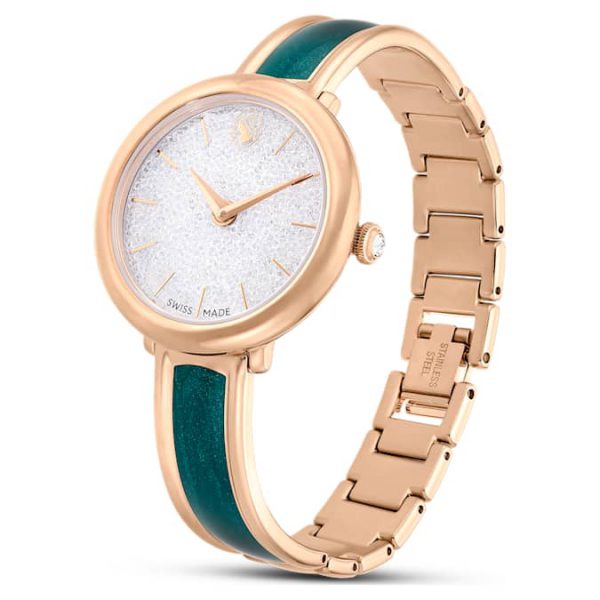 Crystalline bangle watch Swiss Made, Metal bracelet, Green, Rose gold-tone finish - Image 2