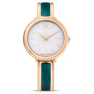 Crystalline bangle watch Swiss Made, Metal bracelet, Green, Rose gold-tone finish
