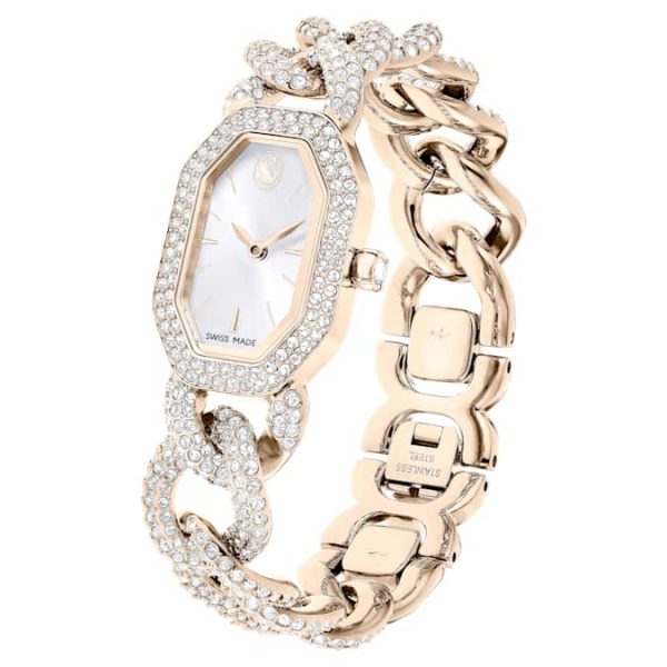 Dextera chain watch Swiss Made, Crystal bracelet, White, Champagne gold-tone finish - Image 3