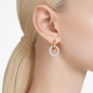 Dextera hoop earrings Asymmetrical design, Interlocking loop, White, Gold-tone plated