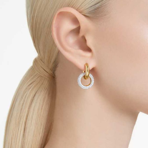 Dextera hoop earrings Asymmetrical design, Interlocking loop, White, Gold-tone plated