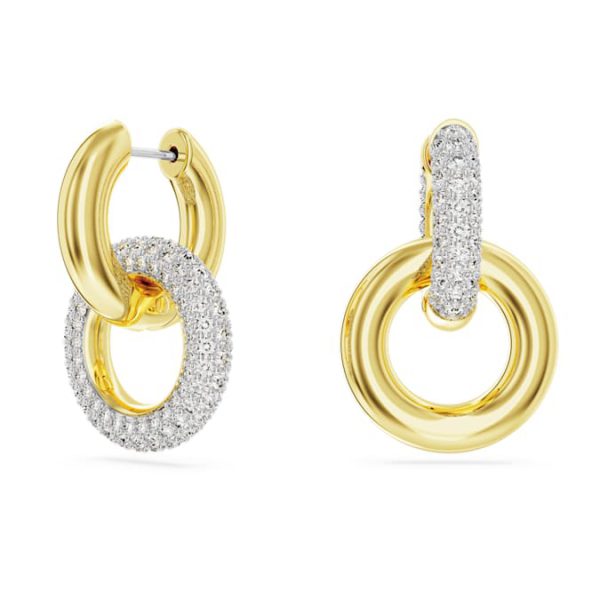 Dextera hoop earrings Asymmetrical design, Interlocking loop, White, Gold-tone plated - Image 2