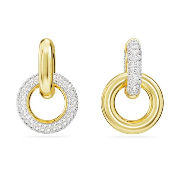 Dextera hoop earrings Asymmetrical design, Interlocking loop, White, Gold-tone plated - Image 3