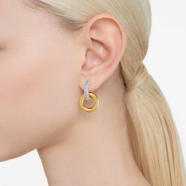 Dextera hoop earrings Asymmetrical design, Interlocking loop, White, Gold-tone plated - Image 6