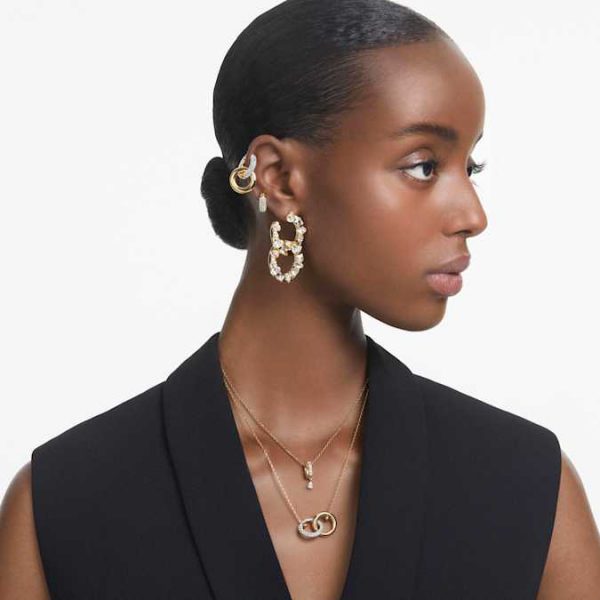 Dextera hoop earrings Asymmetrical design, Interlocking loop, White, Gold-tone plated - Image 7