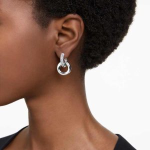 Dextera hoop earrings Asymmetrical design, Interlocking loop, White, Rhodium plated