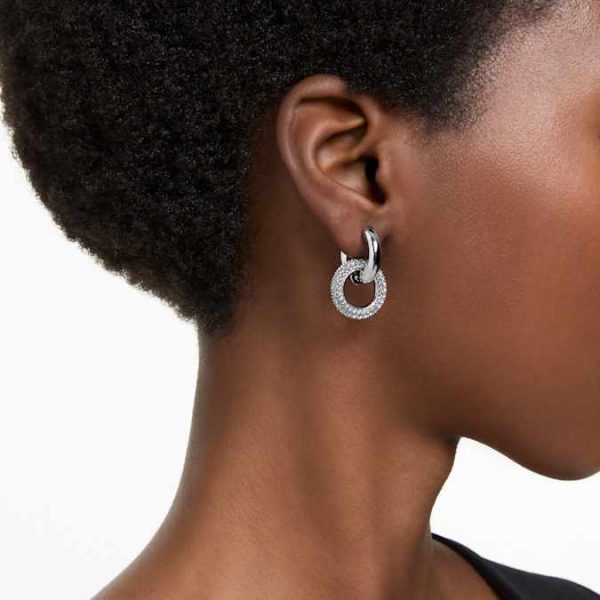 Dextera hoop earrings Asymmetrical design, Interlocking loop, White, Rhodium plated - Image 6