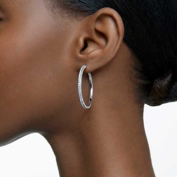 Dextera hoop earrings Pavé, Large, White, Rhodium plated - Image 6