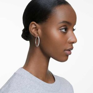 Dextera hoop earrings Pavé, Large, White, Rhodium plated