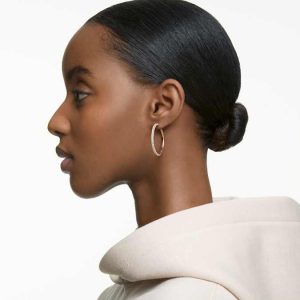 Dextera hoop earrings Pavé, Large, White, Rose gold-tone plated