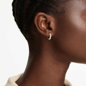 Dextera hoop earrings Pavé, Mini, White, Gold-tone plated