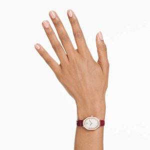 Dextera octagon watch Swiss Made, Leather strap, Red, Rose gold-tone finish