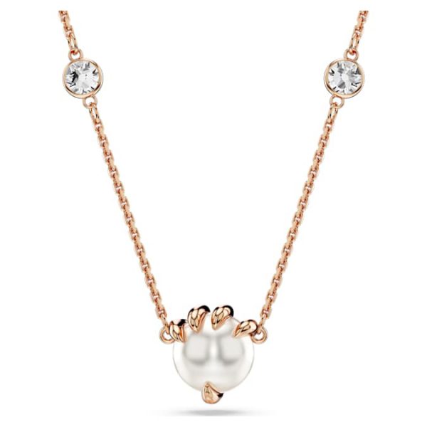 Dragon & Phoenix pendant Crystal pearls, Dragon’s claw, White, Rose gold-tone plated