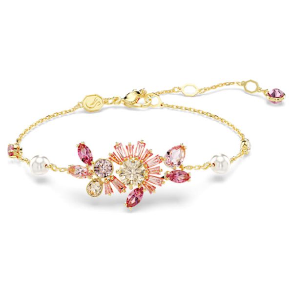 Gema bracelet Crystal pearl, Mixed cuts, Flower, Pink, Gold-tone plated - Image 2