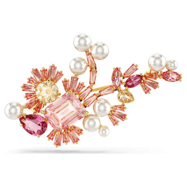 Gema brooch Crystal pearl, Mixed cuts, Flower, Pink, Gold-tone plated - Image 2