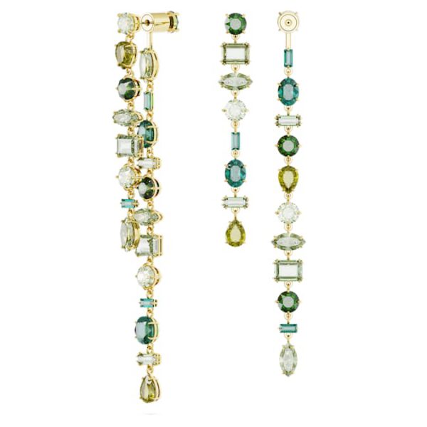 Gema drop earrings Asymmetrical design, Mixed cuts, Extra long, Green, Gold-tone plated - Image 2