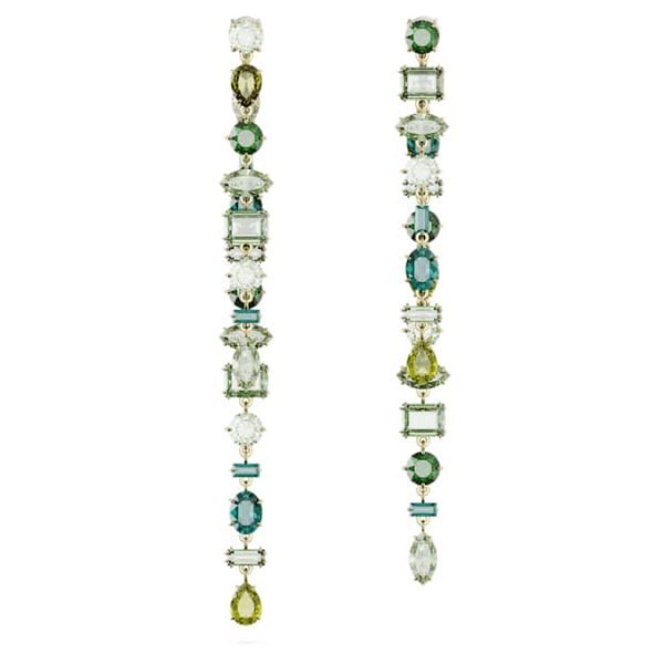 Gema drop earrings Asymmetrical design, Mixed cuts, Extra long, Green, Gold-tone plated - Image 3