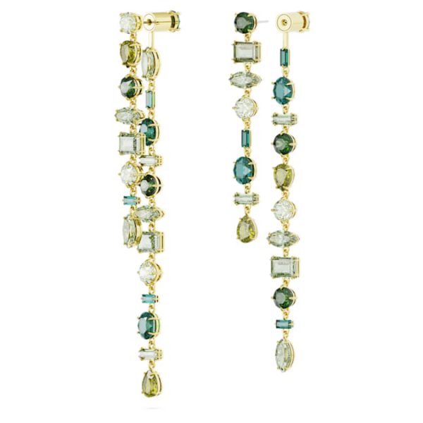 Gema drop earrings Asymmetrical design, Mixed cuts, Extra long, Green, Gold-tone plated - Image 4