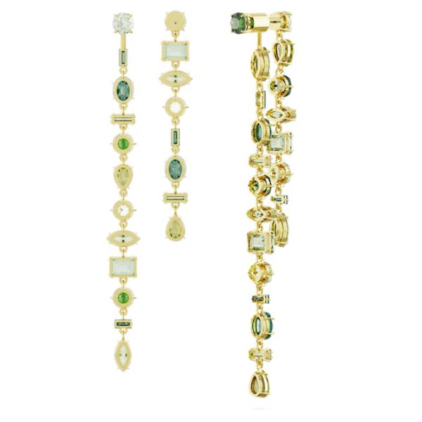 Gema drop earrings Asymmetrical design, Mixed cuts, Extra long, Green, Gold-tone plated - Image 5
