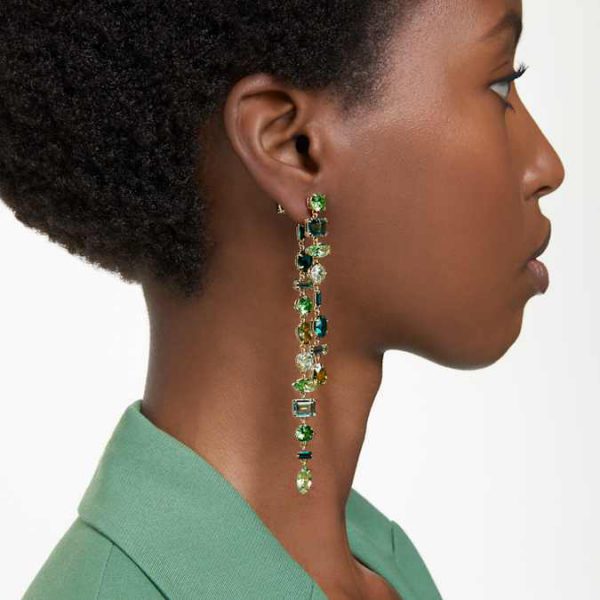 Gema drop earrings Asymmetrical design, Mixed cuts, Extra long, Green, Gold-tone plated - Image 6