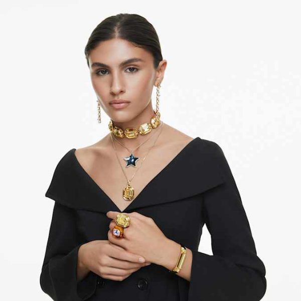 Gema drop earrings Asymmetrical design, Mixed cuts, Long, Multicolored, Gold-tone plated - Image 6