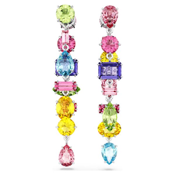 Gema drop earrings Asymmetrical design, Mixed cuts, Long, Multicolored, Rhodium plated - Image 2