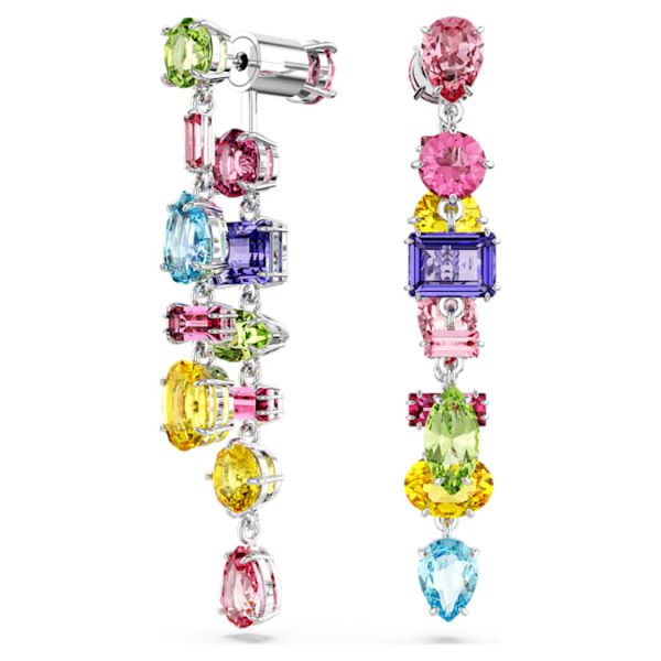Gema drop earrings Asymmetrical design, Mixed cuts, Long, Multicolored, Rhodium plated - Image 3