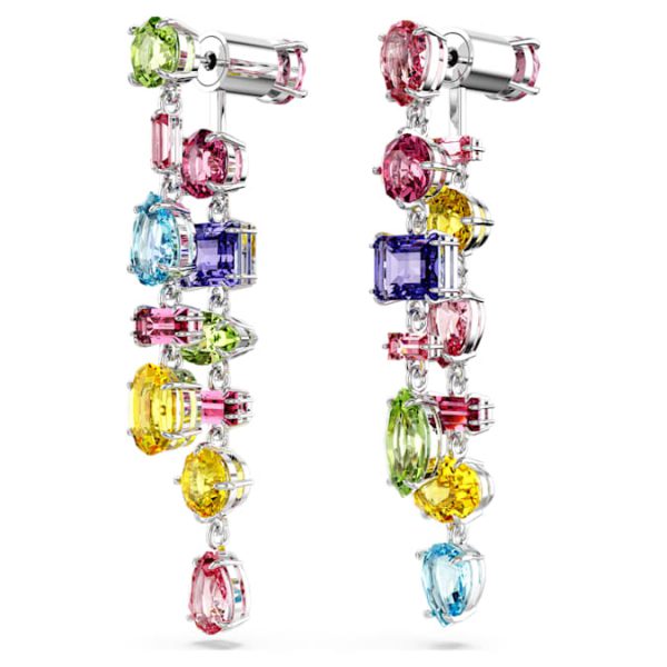 Gema drop earrings Asymmetrical design, Mixed cuts, Long, Multicolored, Rhodium plated - Image 4